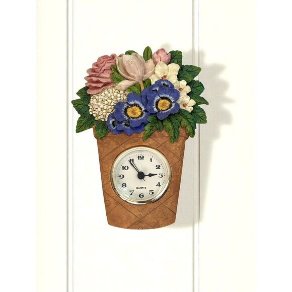 Wall Clock In Flower Pot Design With Multicolor Flowers Decorative Timepiece - Picture 1 of 7